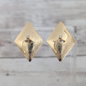 Vintage Clip On Earrings Large Statement Gold Tone Diamond Shape
